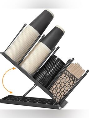 Paper Cup and Lid Black Metal Dispenser with Straw Storage Basket NIB